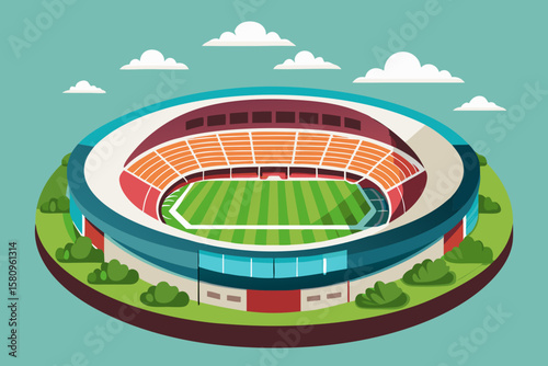 Isometric Illustration of a Stadium with Clouds on a Light Blue Background