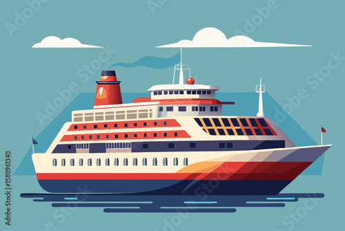 Stylized Cruise Ship with Red and White Details on a Blue Background