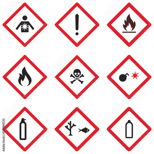 GHS hazard symbols illustrating health, fire, toxicity, and environmental risks on a white background