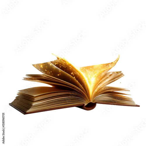 Open book with glowing pages creating ethereal light in a mystical setting