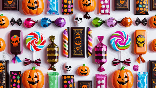 Halloween candy and decorations arranged in a colorful flat lay for festive celebration and fun