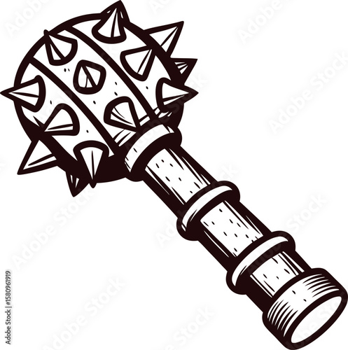 Medieval spiked mace weapon illustration with wooden handle and metal studs in vintage engraving