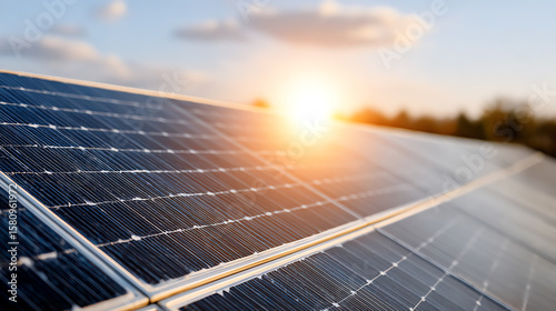 Solar panels capturing sunlight at sunrise, showcasing renewable energy technology for a sustainable future.