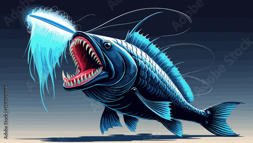 Vibrant predator fish with sharp teeth and glowing lure in a dynamic underwater illustration