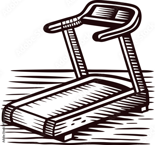 Vintage hand drawn treadmill illustration isolated on white woodcut engraving fitness equipment sketch