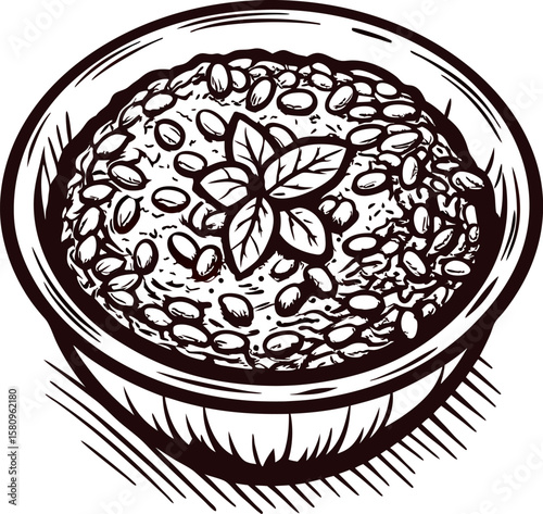 Hand drawn engraved illustration of oatmeal porridge bowl with seeds and mint leaves isolated on white background