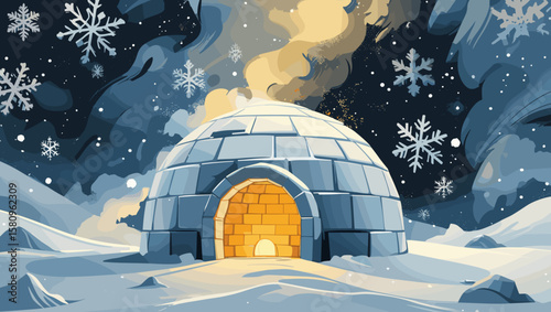 Charming igloo with a warm glow in a snowy landscape surrounded by falling snowflakes