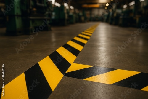 Industrial facility floor with yellow and black safety lines guiding pathway