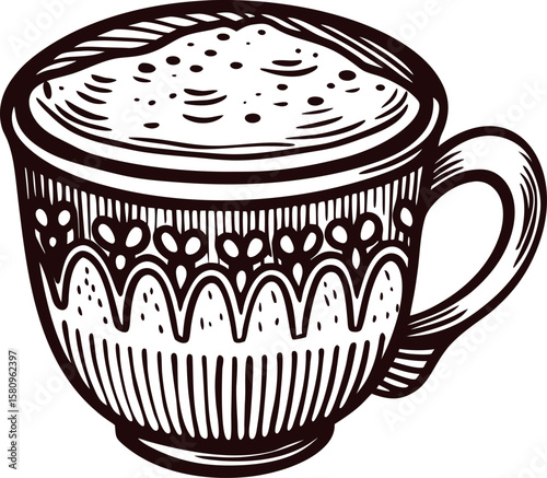 Hand drawn ornate coffee cup with frothy drink vintage engraved illustration of patterned ceramic mug