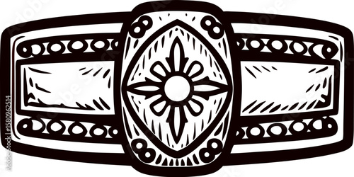 Hand drawn ornate engraved belt buckle with floral center and vintage western details