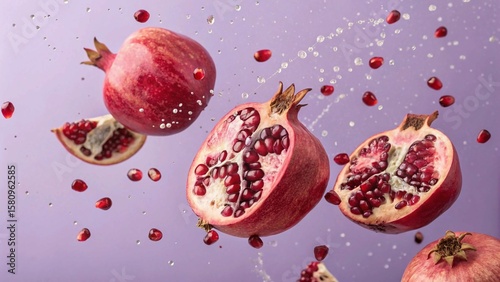 Flying Fresh Pomegranates with Scattered Seeds on Lilac Background