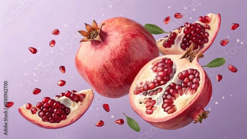Flying Fresh Pomegranates with Scattered Seeds on Lilac Background