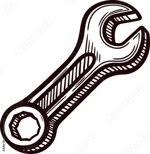 Hand drawn wrench illustration in vintage isolated on white background, detailed engraving line art tool