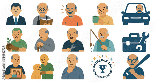 Father-in-Law Day Icons Senior Man Activities Appreciation Design Set