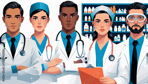 Diverse medical team in professional attire posing confidently in a healthcare environment