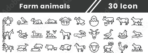 Set of Farm animals icons including barn, hay, cattle, poultry, sheep, pig, farming tools, feeding, rural life, animal husbandry, farm management icons