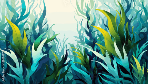Abstract underwater vegetation with vibrant seaweed and leaves in a serene aquatic environment