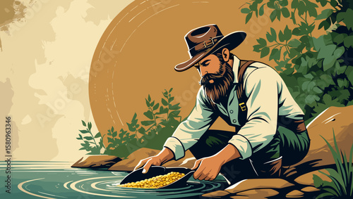 Prospector panning for gold by the river in a vintage illustration style