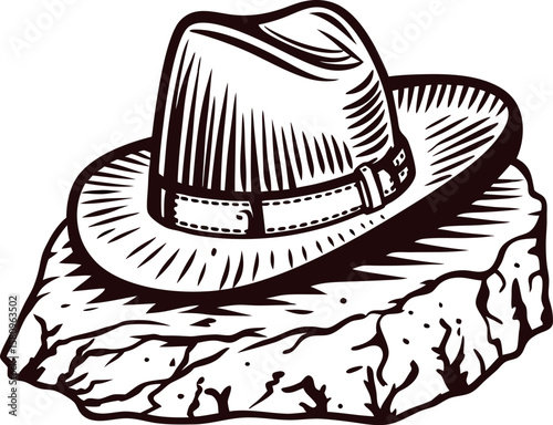 Hand drawn classic fedora hat resting on textured rock vintage engraved black and white illustration