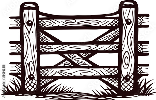 Rustic wooden farm gate illustration with crossbars and grassy ground in hand drawn vintage