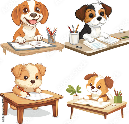 Cute Dog Writing at a Desk vector style on white background 