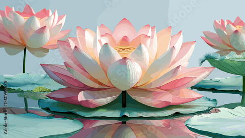 Lotus flowers on water, serene mood, blooming, soft pastel background