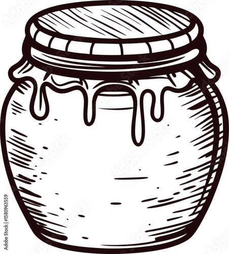 Hand drawn glass honey jar with dripping lid vintage sketch illustration isolated on white background