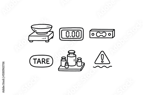 hand drawn cute doodle style isolated scale stainless steel platform scale digital LCD display scale load cell sensor scale tare function button scale calibration scale overload indicator