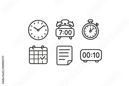 hand drawn cute doodle style isolated punctuality analog clock face punctuality digital alarm bell punctuality timekeeper stopwatch punctuality calendar reminder punctuality timesheet