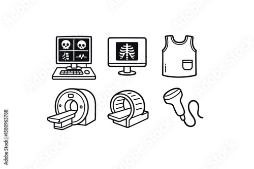 hand drawn cute doodle style isolated radiologist PACS workstation radiologist DICOM viewer radiologist lead apron radiologist CT scanner radiologist MRI coil radiologist ultrasound probe