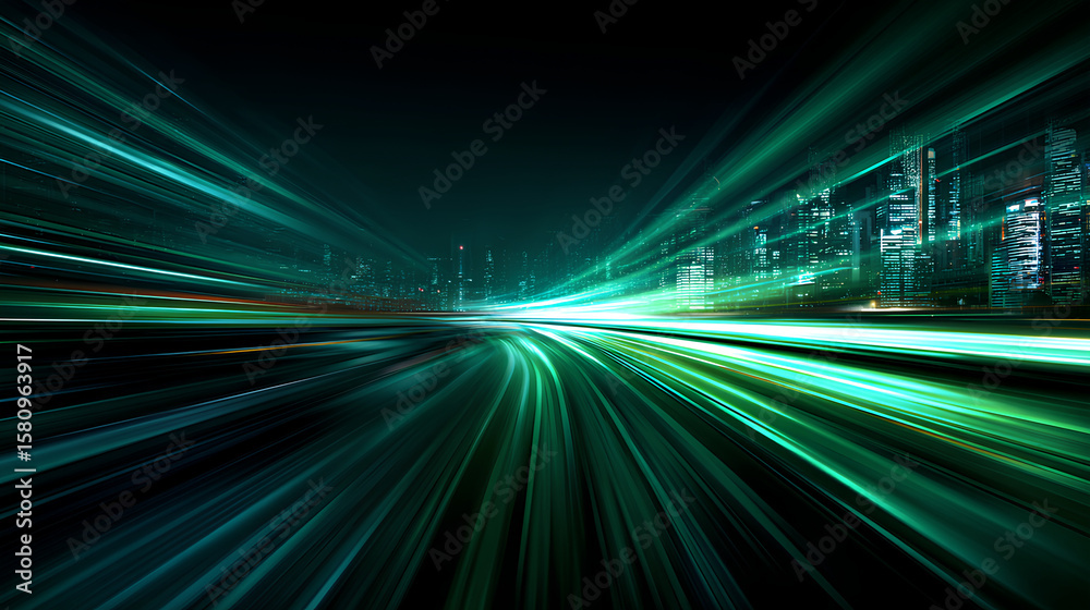 vector green light line with futuristic motion effect and abstract automobile blur, glowing trail and beam streak in city design, dynamic disco background for speed illustration and night.