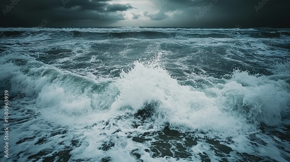 Obraz premium Rising waves meet cracked ice under a stormy sky, a stark reminder of sea level urgency.
