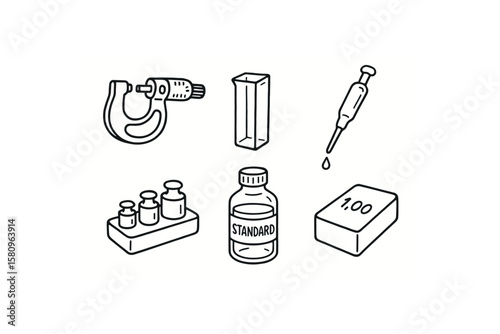 hand drawn cute doodle style isolated accuracy micrometer caliper accuracy spectrophotometer cuvette accuracy pipette calibration tool accuracy balance accuracy reference standard solution
