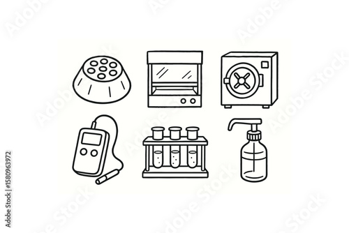 hand drawn cute doodle style isolated laboratory centrifuge rotor laboratory fume hood sash laboratory autoclave chamber laboratory pH meter probe laboratory glassware rack laboratory