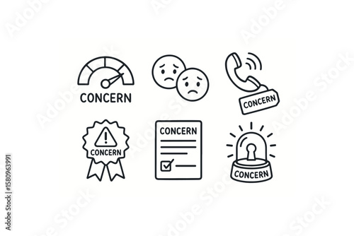 hand drawn cute doodle style isolated concern empathy gauge dial concern worried emoji icon concern hot phone handset concern alert badge ribbon concern feedback form template concern risk