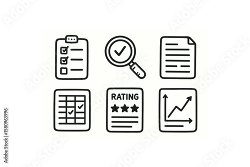 hand drawn cute doodle style isolated diligence task checklist pad diligence magnifying loupe lens diligence audit trail record diligence timesheet entry form diligence quality bric