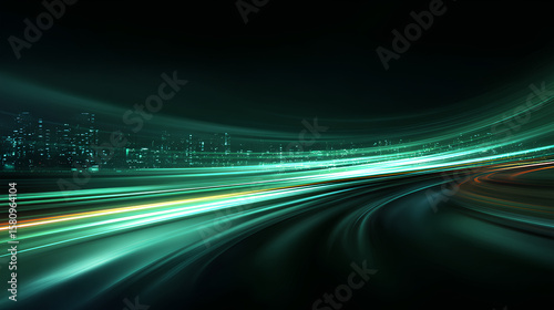vector green light line with futuristic motion effect and abstract automobile blur, glowing trail and beam streak in city design, dynamic disco background for speed illustration and night.