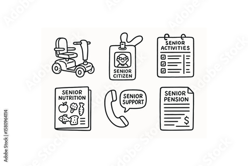 hand drawn cute doodle style isolated senior citizen mobility scooter seat senior citizen ID badge senior citizen activities schedule senior citizen nutrition guide senior citizen support