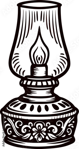 Vintage hand drawn oil lamp with floral pattern and glass chimney isolated on white background