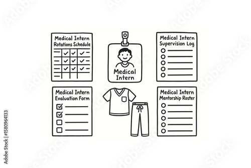 hand drawn cute doodle style isolated medical intern rotations schedule medical intern badge holder medical intern supervision log medical intern evaluation form medical intern scbs medical