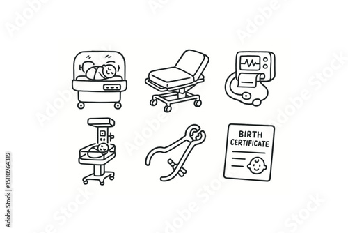 hand drawn cute doodle style isolated hospital birth incubator bassinet hospital birth delivery bed hospital birth fetal monitor hospital birth newborn warmer hospital birth umbilical clamp