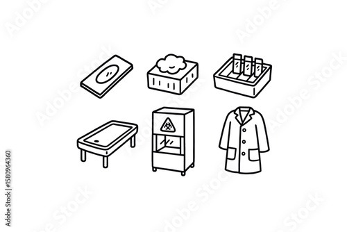 hand drawn cute doodle style isolated pathologist microscope slide pathologist tissue block pathologist staining tray pathologist autopsy table pathologist hazard cabinet pathologist lab