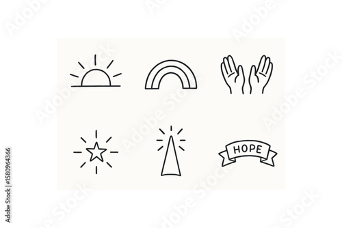 hand drawn cute doodle style isolated hopefulness rising sun icon hopefulness rainbow arc hopefulness uplifted hands hopefulness starburst emblem hopefulness beam shaft hopefulness promise