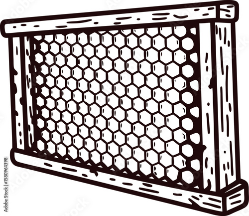 Hand drawn vintage honeycomb frame with wooden border and hexagonal cells isolated on white background illustration