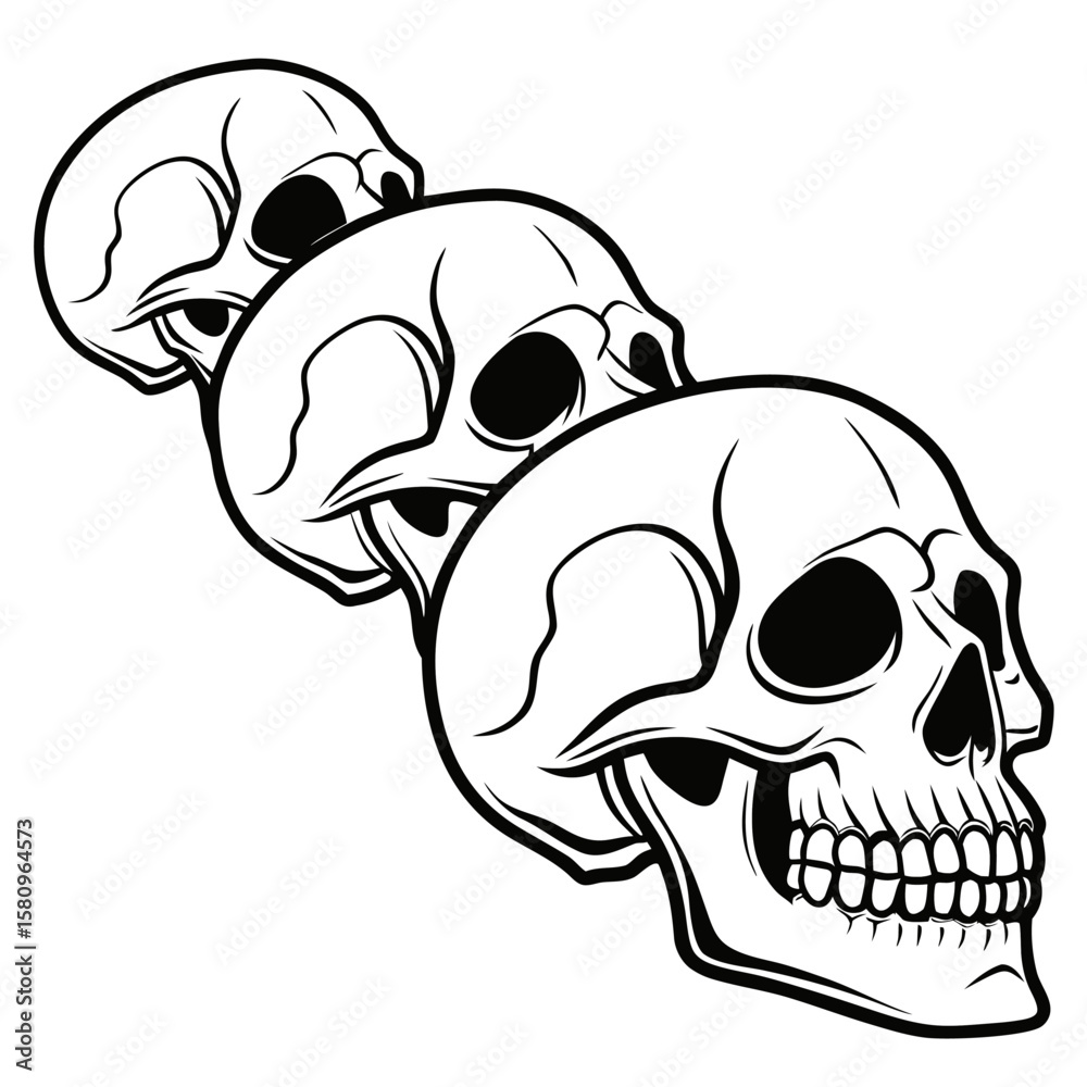 Fototapeta premium A striking black and white illustration features three human skulls arranged in a diagonal line creating a powerful and graphic visual statement