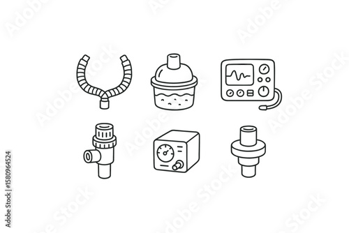 hand drawn cute doodle style isolated ventilator circuit tubing ventilator humidifier chamber ventilator control panel ventilator PEEP valve ventilator oygen blender ventilator flow sensor