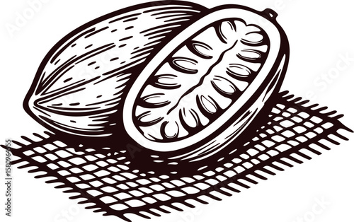 Hand drawn cacao pod with seeds cross section isolated on white, vintage engraved black line illustration