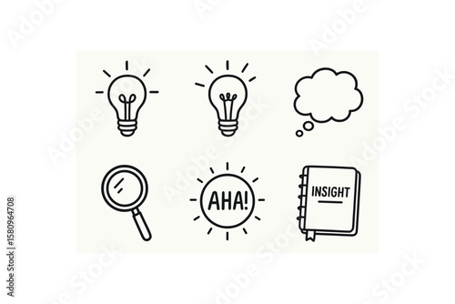 hand drawn cute doodle style isolated bulb icon epiphany spark animation thought bubble overlay clarity lens filter aha moment badge insight journal notebook