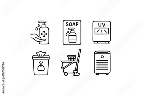 hand drawn cute doodle style isolated hand sanitizer dispenser antimicrobial soap station UV surface sterilizer waste bin r dispenser mop bucket wringer HEPA air purifier