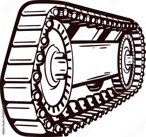 retro engraved illustration of mechanical tank track isolated on white background